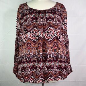 I.N. Studio Plus Size 2X Top Boho Burgundy Brown Floral Patterned‎ Fall Blouse